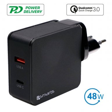 4smarts Travel Charger Set VoltPlug QC/PD 48W - захранване за ел. мрежа с USB-A изход и USB-C изход с адаптори за USA и UK стандарт (48W) (черен)