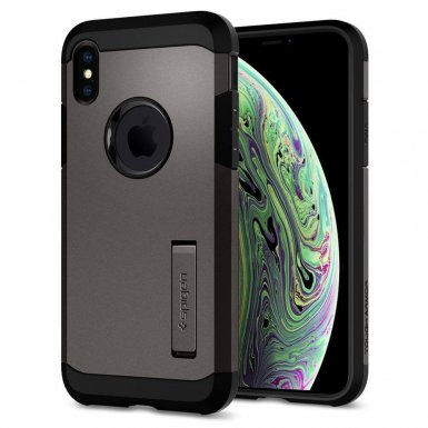 Spigen Tough Armor Case - хибриден кейс с най-висока степен на защита за iPhone XS, iPhone X (тъмносив)