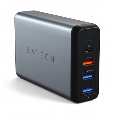 Satechi 75W Multiport Travel Charger - захранване с USB-C изход (60W), QualComm 3.0 изход и 2 x USB изхода за мобилни телефони, таблети и MacBook (сив)