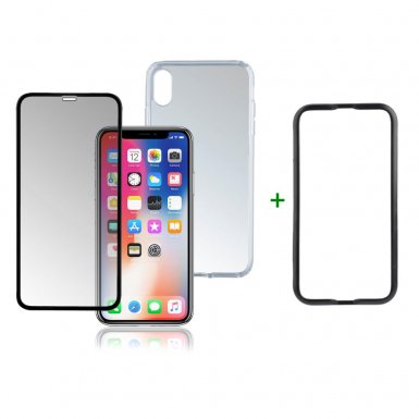 4smarts 360° Premium Protection Set with Easy-Assist - тънък силиконов кейс и стъклено покритие с черна рамка и извити ръбове за дисплея на iPhone XS Max (с рамка за поставяне) (прозрачен)