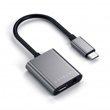 Satechi USB-C to 3.5mm Headphone Jack Adapter - USB-C адаптер към 3.5 аудио изход и USB-C изход (сив)