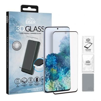 Eiger 3D Glass Case Friendly Tempered Glass - калено стъклено защитно покритие с извити ръбове за дисплея на Samsung Galaxy S20 Ultra (черен-прозрачен)