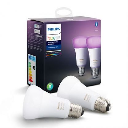 Philips Hue White And Colour Ambiance 9W E27 Twin Pack - комплект 2 броя E27 лампа с бяла и цветна светлина за безжично управляемо осветление за iOS и Android устройства 