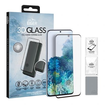 Eiger 3D Glass Edge to Edge Full Screen Tempered Glass - калено стъклено защитно покритие с извити ръбове за целия дисплея на Samsung Galaxy S20 Plus (черен-прозрачен)
