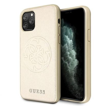 Guess Saffiano 4G Circle Logo Leather Hard Case - дизайнерски кожен кейс за iPhone 11 Pro Max (златист)