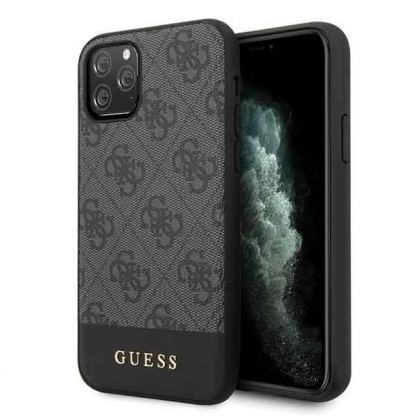 Guess 4G Stripe Leather Hard Case - дизайнерски кожен кейс за iPhone 11 Pro Max (тъмносив)