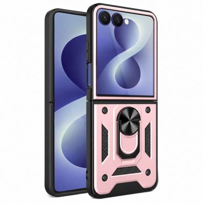 Хибриден удароустойчив кейс с пръстен против изпускане за Samsung Galaxy Z Flip8 - Techsuit CamShield Case (розово злато)