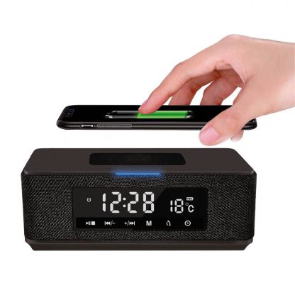 Platinet Speaker Daily PMGQ15B Bluetooth, QI, FM And Clock - безжичен портативен спийкър с FM радио, часовник с аларма и поставка за безжично зареждане (черен)