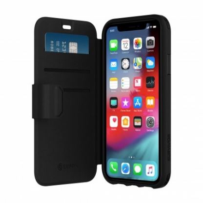 Griffin Survivor Strong Wallet - удароустойчив хибриден кожен калъф с отделение за карти за iPhone XR (черен)