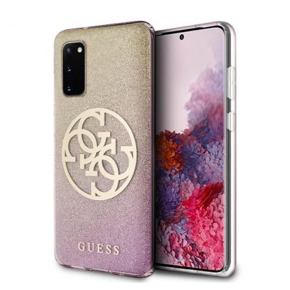 Guess Glitter 4G Circle Logo Case - дизайнерски кейс с висока защита за Samsung Galaxy S20 (розов)