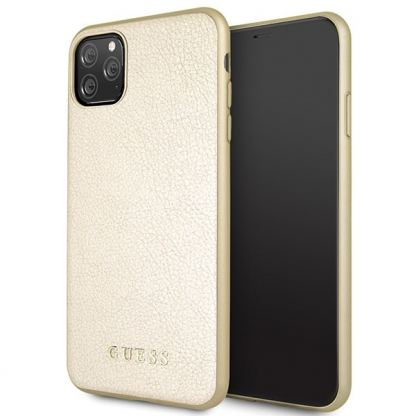 Guess Iridescent Leather Hard Case - дизайнерски кожен кейс за iPhone 11 Pro Max (златист)