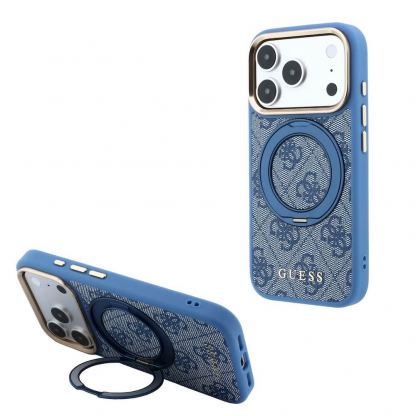 Дизайнерски кожен кейс с MagSafe за iPhone 18 Pro, iPhone 17 Pro - Guess PU 4G Ring Stand MagSafe Leather Hard Case (blue)