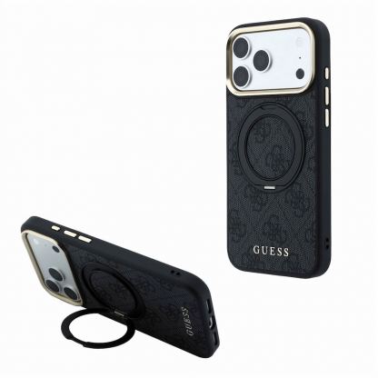 Дизайнерски кожен кейс с MagSafe за iPhone 18 Pro Max, iPhone 17 Pro Max - Guess PU 4G Ring Stand MagSafe Leather Hard Case (black)