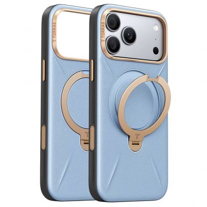 Кожен кейс с MagSafe и вградена поставка за iPhone 18 Pro, iPhone 17 Pro - Torras Ostand Q3 VegSkin MagSafe Case (blue)