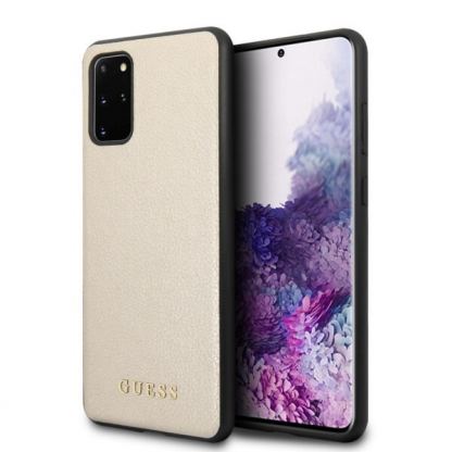Guess Iridescent Leather Hard Case - дизайнерски кожен кейс за Samsung Galaxy S20 Plus (златист)
