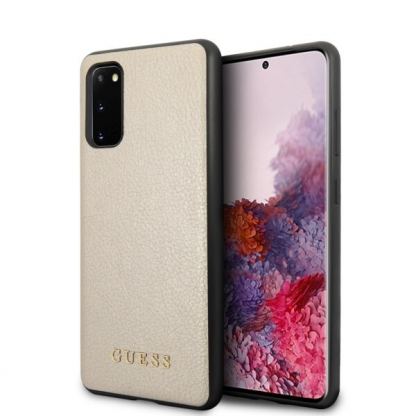 Guess Iridescent Leather Hard Case - дизайнерски кожен кейс за Samsung Galaxy S20 (златист)