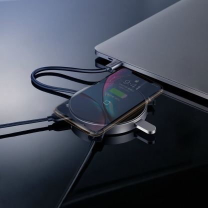 Baseus USB-C Circular Mirror Wireless Charger Hub (WXJMY-0G) - мултифункционален хъб за свързване на допълнителна периферия за устройства с USB-C и пад за безжично зареждане (тъмносив)