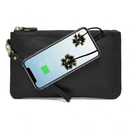 MightyPurse Multifunctional Wristlet with Power Bank and Cables - умен мултифункционален кожен портфейл с външна батерия за зареждане на мобилни устройства с USB-C, Lightning и MicroUSB (черен-мат)