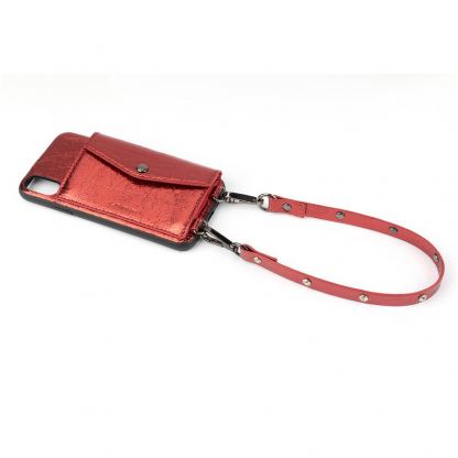 LAVAVIK Cross-Body Phone Purse with Card Compartment - кожен калъф с джоб и лента за врата за iPhone XS Max (червен)