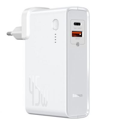 Baseus GaN Charger 45W Power Bank (PPNLD-H02) - външна батерия 10000 mAh и захранване за ел. мрежа с USB и USB-C изходи и технология за бързо зареждане (бял)
