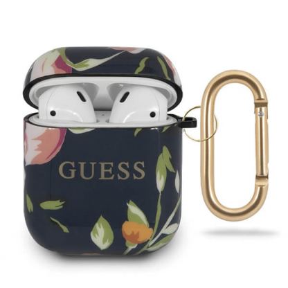 Guess Airpods Silicone Case Flower Collection No.3 - силиконов калъф с карабинер за Apple Airpods и Apple Airpods 2 (син)