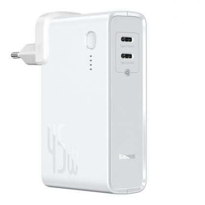 Baseus GaN Charger 45W Power Bank (PPNLD-F02) - външна батерия 10000 mAh и захранване за ел. мрежа с 2 x USB-C изходи и GaN технология (бял)