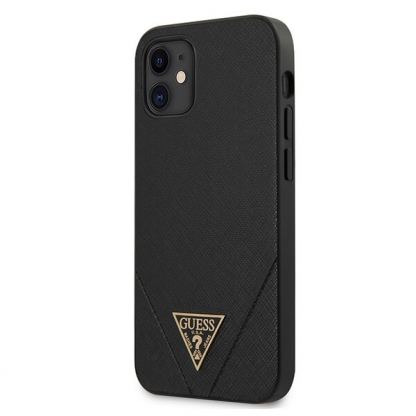 Guess Saffiano Leather Hard Case - дизайнерски кожен кейс за iPhone 12 mini (черен)