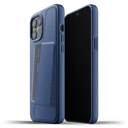 Mujjo Leather Wallet Case - кожен (естествена кожа) кейс с джоб за кредитна карта за iPhone 12 Pro Max (син)