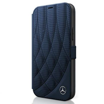 Mercedes-Benz Bow Line Booktype Leather Case - дизайнерски кожен калъф (естествена кожа), тип портфейл за iPhone 12 mini (тъмносин)