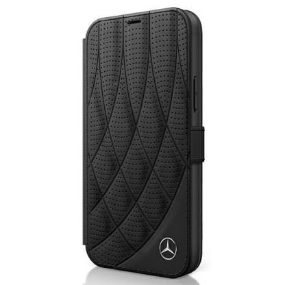 Mercedes-Benz Bow Line Booktype Leather Case - дизайнерски кожен калъф (естествена кожа), тип портфейл за iPhone 12 mini (черен)
