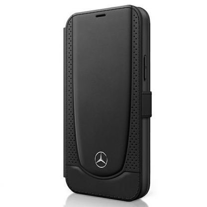 Mercedes-Benz Urban Line Booktype Leather Case - дизайнерски кожен калъф (естествена кожа), тип портфейл за iPhone 12 mini (черен)