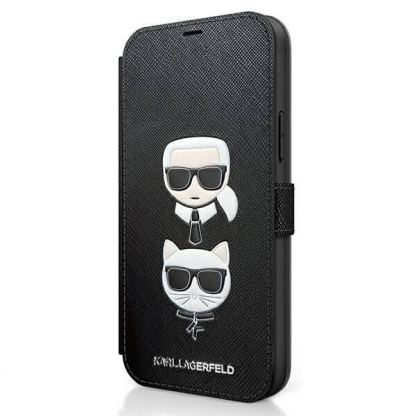 Karl Lagerfeld Saffiano Karl & Choupette Booktype Leather Case - дизайнерски кожен калъф, тип портфейл за iPhone 12 mini (черен)