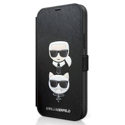 Karl Lagerfeld Saffiano Karl & Choupette Booktype Leather Case - дизайнерски кожен калъф, тип портфейл за iPhone 12 Pro Max (черен)