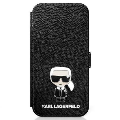 Karl Lagerfeld Saffiano Ikonik Booktype Leather Case - дизайнерски кожен калъф, тип портфейл за iPhone 12 Pro Max (черен)