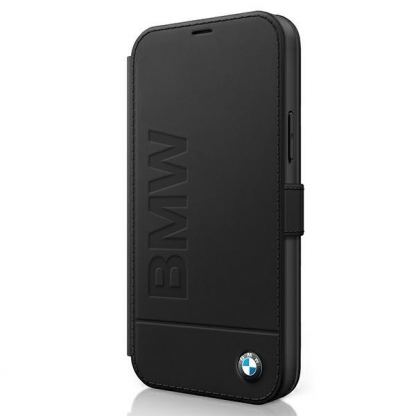 BMW Signature Logo Booktype Leather Case - дизайнерски кожен калъф (естествена кожа), тип портфейл за iPhone 12 Pro Max (черен)