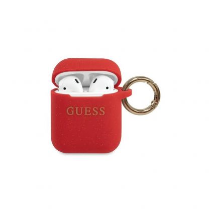 Guess Airpods Silicone Glitter Case - силиконов калъф с карабинер за Apple Airpods и Apple Airpods 2 (червен)