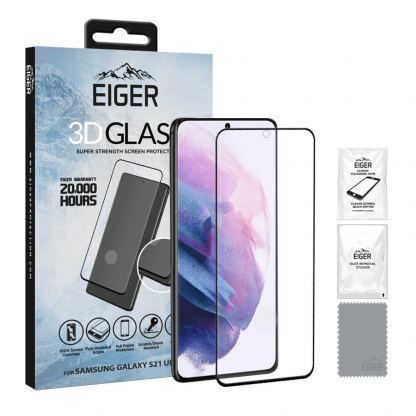 Eiger 3D Full Screen Edge to Edge Tempered Glass - калено стъклено защитно покритие с извити ръбове за целия дисплея на Samsung Galaxy S21 Ultra (черен-прозрачен)
