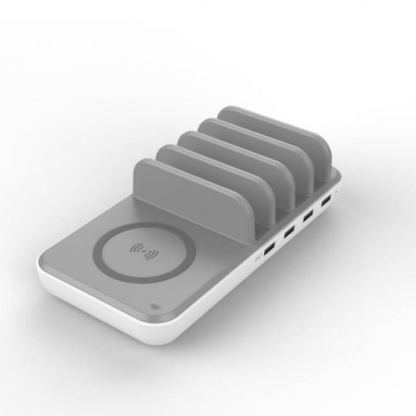 Dymond Family Charger FC-05 - док станция с 4xUSB гнезда и пад за безжично зареждане (бял-сив)