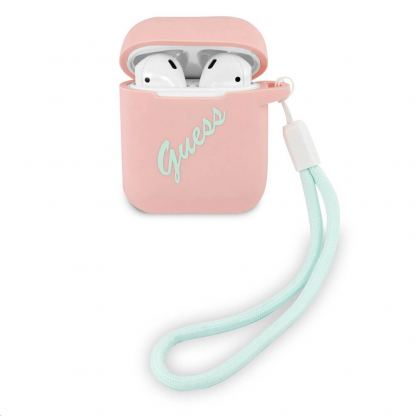 Guess Airpods Vintage Silicone Case - силиконов калъф с връзка за Apple Airpods и Apple Airpods 2 (розов)
