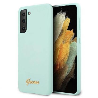 Guess Silicone Script Metal Logo Silicone Case - дизайнерски силиконов кейс за Samsung Galaxy S21 (син)
