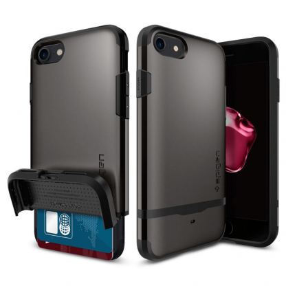 Spigen Flip Armor Case - хибриден кейс с отделение за кр. карти и най-висока степен на защита за iPhone SE (2020), iPhone 8, iPhone 7 (тъмносив)