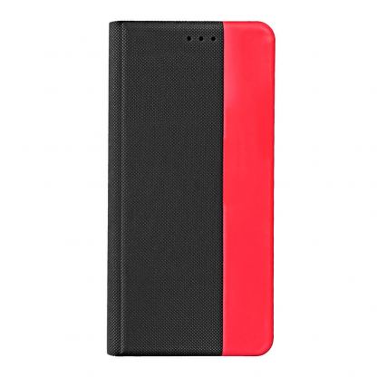 Prio Book Case - кожен калъф с поставка за iPhone 13 (черен-червен)