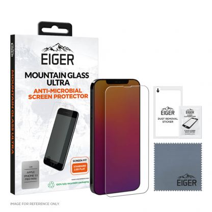 Eiger Mountian Glass Ultra Screen Protector 2.5D - калено стъклено защитно покритие с антибактериален слой за дисплея на iPhone 13 Pro Max (прозрачен)