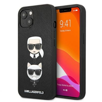 Karl Lagerfeld Karl & Choupette Saffiano Leather Case - дизайнерски кожен кейс за iPhone 13 (черен)
