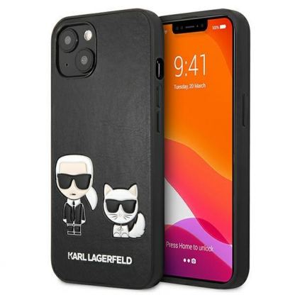 Karl Lagerfeld Karl & Choupette Ikonik Leather Case - дизайнерски кожен кейс за iPhone 13 (черен) 
