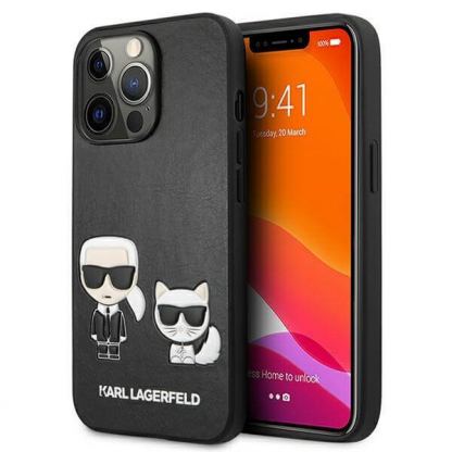 Karl Lagerfeld Karl & Choupette Ikonik Leather Case - дизайнерски кожен кейс за iPhone 13 Pro (черен) 