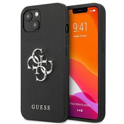 Guess Saffiano 4G Metal Logo Leather Hard Case - дизайнерски кожен кейс за iPhone 13 (черен)