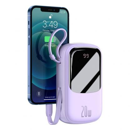 Baseus Qpow Digital Display Power bank with Lightning cable 20W (PPQD-H05) - външна батерия 20000 mAh с вграден Ligtning кабел и USB-C, USB-A и Lightning изходи (лилав)
