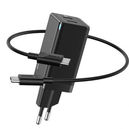 Baseus GaN Quick Charger C+C 45W (CCGAN-M01) - захранване за ел. мрежа с два USB-C изхода с технология за бързо зареждане и USB-C към USB-C кабел (черен)