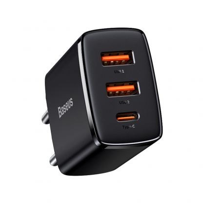 Baseus Compact Quick Wall Charger 30W (CCXJ-E01) - захранване за ел. мрежа с 2хUSB-A и USB-C изходи и технология за бързо зареждане (черен)